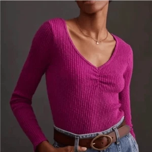 New! XS NWT Anthropologie Pink Knit "T.La Cinched V-Neck Top" Made in USA - Picture 1 of 5