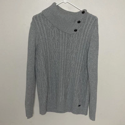 Bass Womens Large Gray Long Sleeve High Neck Button Cable Knit Fisherman Sweater - Image 1 of 4