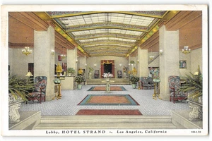 HOTEL STRAND Los Angeles, CA Lobby Interior 1933 Art Deco Vintage Postcard - Picture 1 of 2