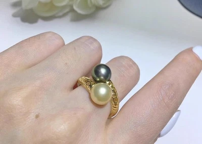 Anillo de ajuste hueco doble perla mar del Sur AAAA8-9mm 925s Foto 1 de 4