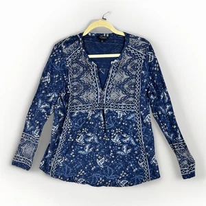 Lucky Brand Top Womens L Long Sleeve Blue Paisley Print Casual Blouse Boho - Picture 1 of 8