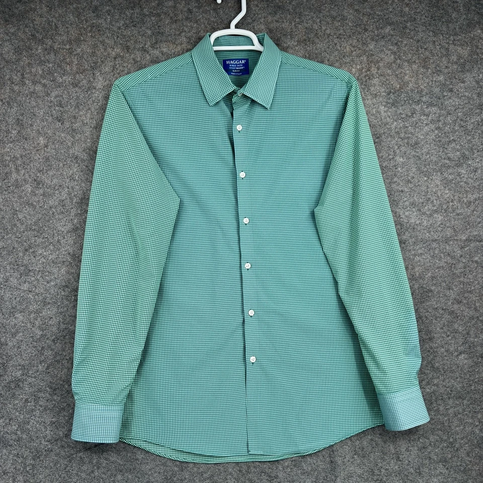 Camisa Haggar Camisa Abotonada Hombres 16-16.5 Verde Cuadros Calce Ajustado Cuadros Manga Larga Foto 1 de 4