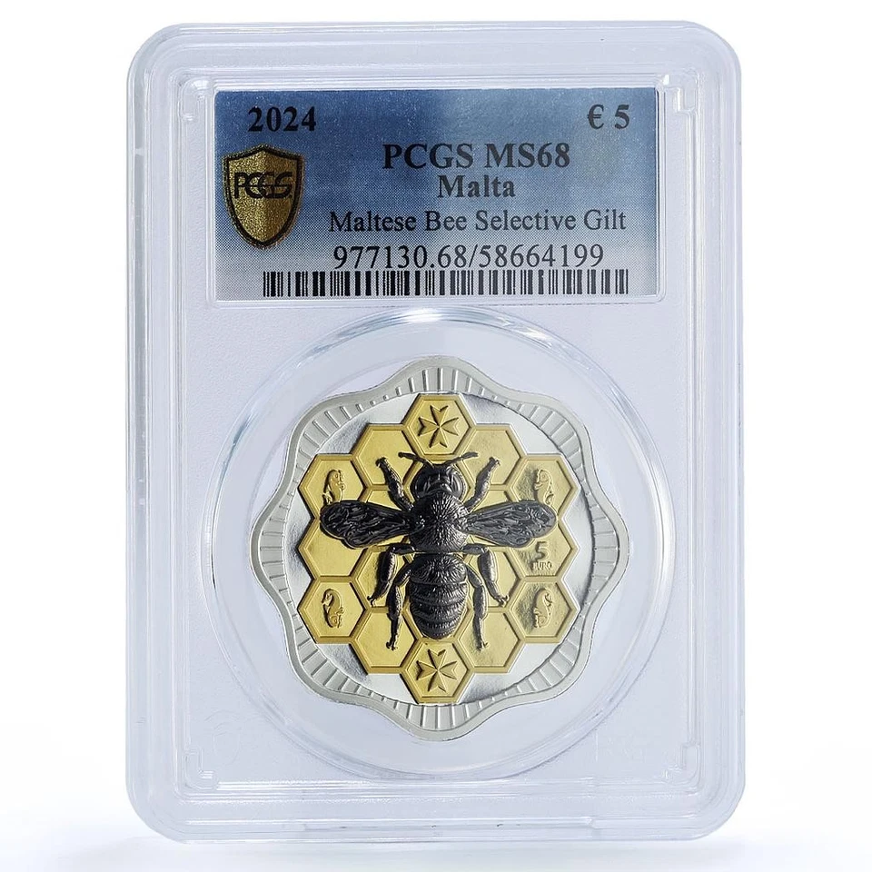 Malta 5 euro Maltese Bee Nature Wildlife Fauna Gilt MS 68 PCGS silver coin 2024 - Image 1 of 4