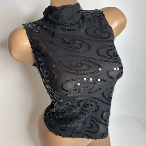 Y2K transparentes Netz Pailletten Swirl Top schwarz Stehkragen Clubwear Rave Goth Größe S - Bild 1 von 9