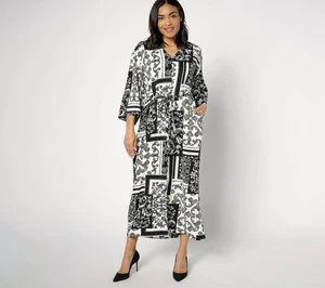 BEAUTIFUL by Lawrence Zarian Petite Printed Adjustable Tie Front Kaftan Black LP - Picture 1 of 3