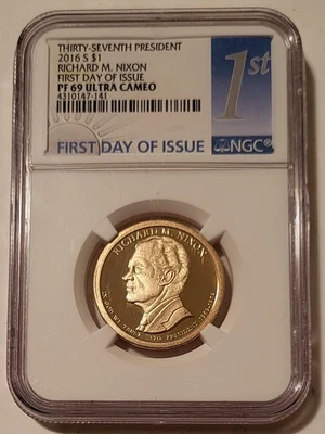 2016 S Richard M Nixon Presidential Dollar Proof PF69 UC NGC First Day of Issue - Image 1 of 2