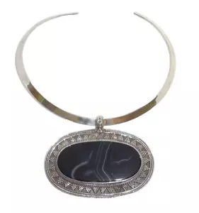 ENORME Collana Choker Argento Sterling 925 Fasce Agata Nera Fasce Messico - Foto 1 di 6