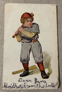 Postal Niño pequeño jugando béisbol 3”x5” colorida parte posterior indivisa sin publicar - Imagen 1 de 4