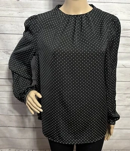 Who What Wear Blouse Medium Black White Polka Dot Pleated Neckline Puff Sleeves - Picture 1 of 13