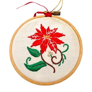 Ornamento cerchio Poinsettia ricamato punto ago vintage 3" Natale simpatico regalo - Foto 1 di 12