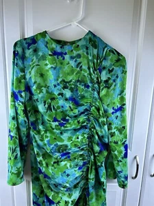 Zara Women's Midi Long Sleeve Dress  Floral Blue Green Colorful Ruched Size 5 - Picture 1 of 8