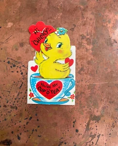 Linda tarjeta de San Valentín Kitsch Punny Chick Cup o' Tea vintage años 50 60 sin usar nueva de colección - Imagen 1 de 4