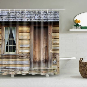 Rustic Farmhouse Shower Curtain with Hooks Wooden House Bathroom Decor 72 Inches - Picture 1 of 6