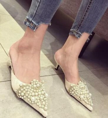 Women Rhinestones Pearl Slipper Shoes Lace Mule Kitten Mid Heel Pointy Toe Slide - Image 1 of 4