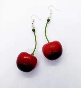 Unique RIPE CHERRY EARRINGS handmade FRUIT fruity CHERRIES miniature RED sweet - Picture 1 of 1