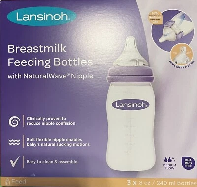 Juego de 3 biberones de leche materna de flujo medio Lansinoh con pezón Naturalwave Foto 1 de 4