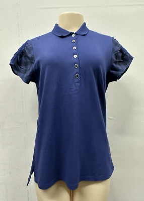 Burberry Brit women polo shirt size XL blue checked ruched sleeves - Image 1 of 4