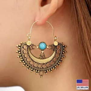 Fashion Women Vintage Bohemian Earrings Ancient Gold Half Moon Turquoise 1354 - Picture 1 of 3