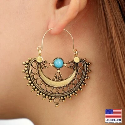 Fashion Women Vintage Bohemian Earrings Ancient Gold Half Moon Turquoise 1354 - Image 1 of 3