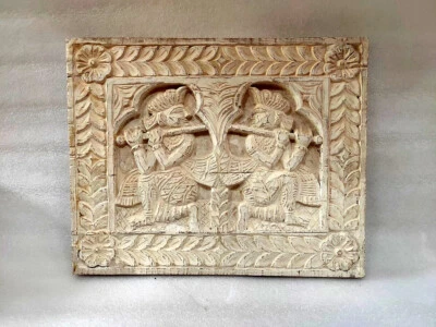 Antique Look Teak Wood Wall Panel Hand Carved Hindu God Krishna Panel Whitewash - Image 1 of 2