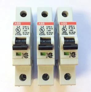 Lot of 3 ABB S201U-K15A Miniature Circuit Breakers 240VAC 15A 50/60Hz K-Curve - Picture 1 of 5