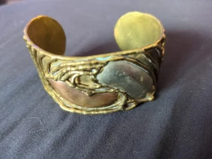 Vint Brass/Mixed Metal Mid-Century Brutalist Flex Cuff Bracelet Made In Mexico - Picture 1 of 4