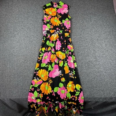 Vintage 60s Dorothy Bullitt Maxi Dress Women’s XS Black Neon Floral Psychedelic - Image 1 of 4