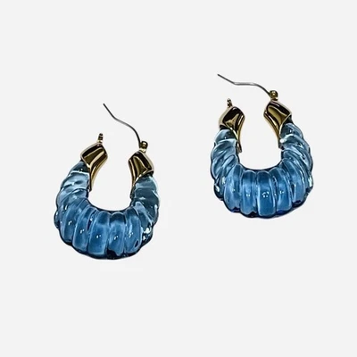Blue Glass Hoop Earrings Pierced Chunky Shell Goldtone Statement - Image 1 of 4