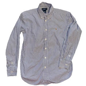 RALPH LAUREN Boys Sz 12-14 Oxford Blue White Dress Shirt Button Flesh Pony Logo - Picture 1 of 7