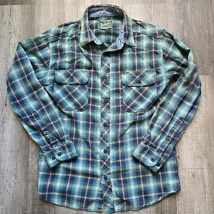 Woolrich Flannel Shirt Men Large Green Plaid Long Sleeve Button Up Flap Pockets - Picture 1 of 13