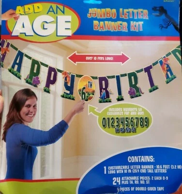KIT DE BANNER DE CUMPLEAÑOS DINOSAURIO AÑADIR UNA EDAD - Suministros de fiesta - Cumpleaños para niños - NUEVO Foto 1 de 4