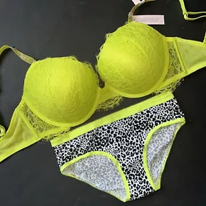Victoria's Secret 32DDD BRA SET panty NEON YELLOW green ANIMAL PRINT SHINE STRAP - Picture 1 of 4