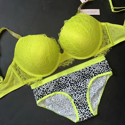 Victoria's Secret 32DDD SUJETADOR CONJUNTO PANTY AMARILLO NEÓN verde PRESIÓN ANIMAL BRILLO CORREA Foto 1 de 4