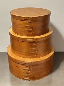 Shaker Style Beech Wood Nesting Hat Boxes Copper Rivets Vintage Lot Set Of 3