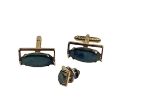 Swank men's vintage Cuff Links & Tie Tack Pin Gold Tone & Dark Green/Black Stone - Picture 1 of 13