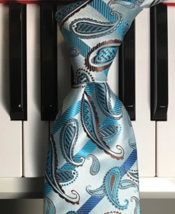 L'UOMO / Aqua, Teal, Turquoise & Brown, Italian Inspired Paisley Stripe Silk Tie - Picture 1 of 10