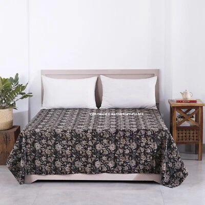 Indisch Blockdruck Queen Größe Kantha Decke Schwarz Schlamm Überwurf Wende Decke - Bild 1 von 4