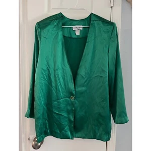 Jonathan Logan Blazer Cardigan Womens Small Single Button Satin Emerld Green VTG - Picture 1 of 13