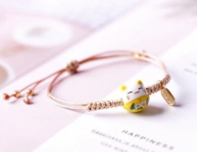 Lindo brazalete de mano cuerda encerada ajustable con cuentas de gato de la suerte de cerámica de 14 mm para niñas/mujeres 4-9" Foto 1 de 4
