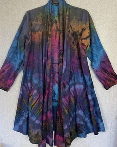 Unbranded Long Line Tie Dye Cotton Open Front Peplum Jacket Artsy Hippie Boho - Picture 1 of 14
