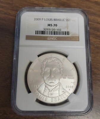 2009 P Louis Braille Bicentennial Commemorative Unc. Silver Dollar - NGC MS70  - Image 1 of 4