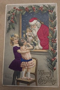 Seidenweihnachtsmann am Fenster mit viktorianischen Kindern Puppe Weihnachten Postkarte 1908 - Bild 1 von 2