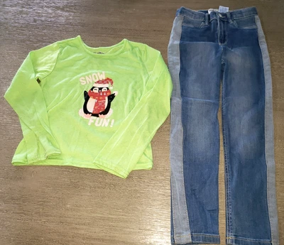 niñas 6 6X Azul Denim PANTALONES VAQUEROS Ropa Escolar NAVIDAD PIJAMA TOP 2 piezas Lote Lindo Foto 1 de 2