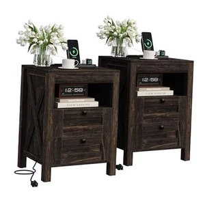 Nightstand Set of 2 with Charging Station, End Table, 18" Farmhouse Side - Picture 1 of 7