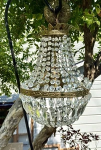 Antique French Empire Crystal Beads Basket Chandelier Hanging Lamp Brass 1920s - Picture 1 of 20