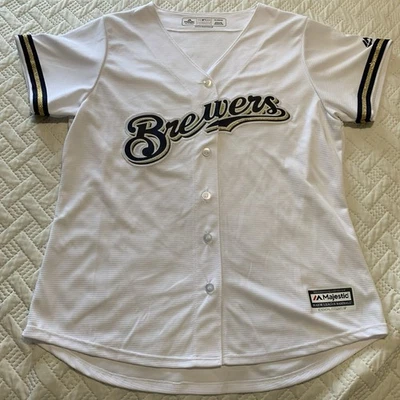 Jersey para mujer MLB Majestic Milwaukee Brewers blanco bordado dorado brillo XL Foto 1 de 4