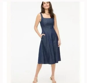 J Crew Blue Chambray Sleeveless Side Zip Pocket MIDI Dress Women's Size 4 NEW - Picture 1 of 8