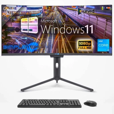 AIO All In One I3 34" Curved FHD Windows 11 4GB 120GB Editing Gaming PC - Image 1 of 4