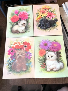 4 Vtg MCM K Chin Kittens Cats Dogs Puppy Flowers Litho Prints 9x12 B.P. Co. USA - Picture 1 of 10