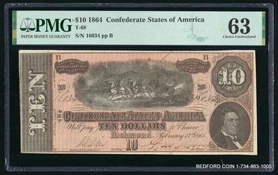 PMG CU 63 1864 $10 CONFEDERATE STATES OF AMERICA T-68 NOTE (BC34) - Image 1 of 2
